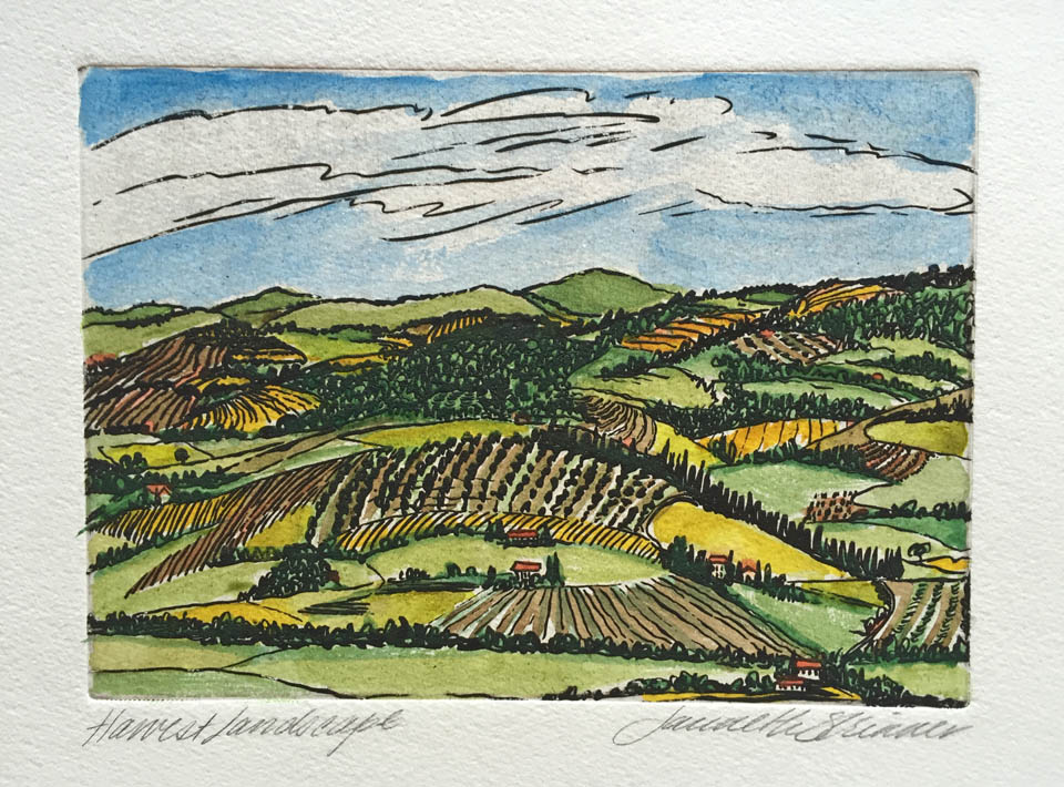 jauneth-skinner-©-harvest-landscape-heliogravure-w-hand-coloring-Umbria-Italy